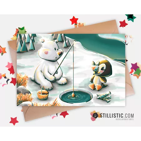 Carte de voeux Illustration Banquise Ours et Macareux