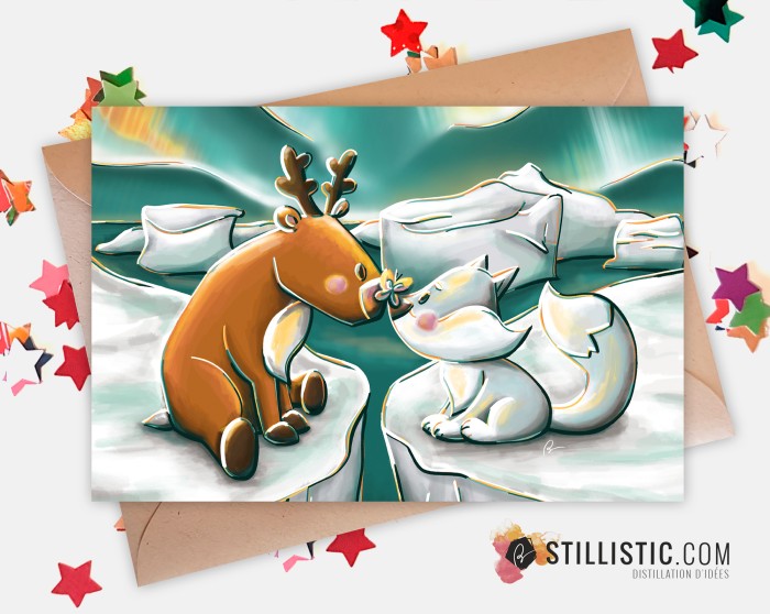 Carte de voeux Illustration Banquise Renne et Renard