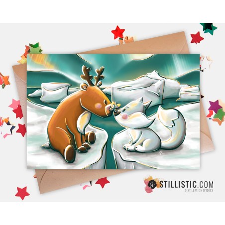 Carte de voeux Illustration Banquise Renne et Renard
