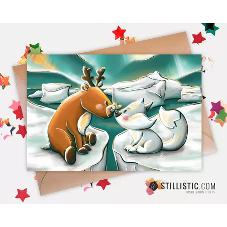 Carte de voeux Illustration Banquise Renne et Renard