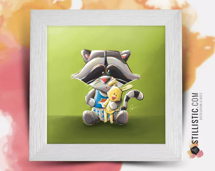 Cadre carré avec Illustration  Bébé Raton Laveur pour Chambre Enfant bébé 25x25cm