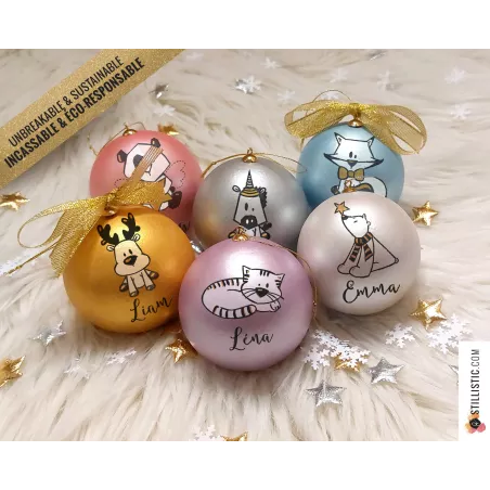 Boule de Noël Ours Panda Renard Licorne incassable personnalisable et éco-responsable