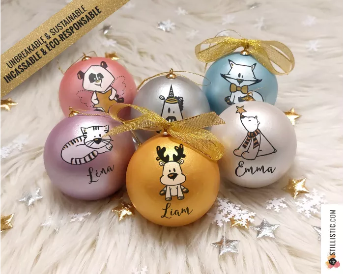 Boule de Noël Ours Panda Renard Licorne incassable personnalisable et éco-responsable