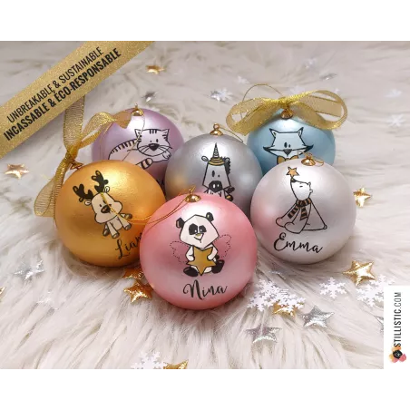 Boule de Noël Ours Panda Renard Licorne incassable personnalisable et éco-responsable
