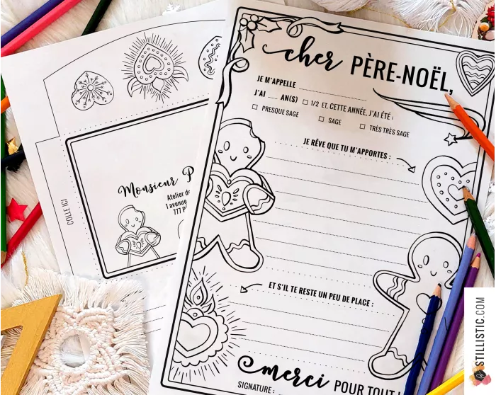 Lettre au Père Noël à imprimer et colorier Cœurs et pains