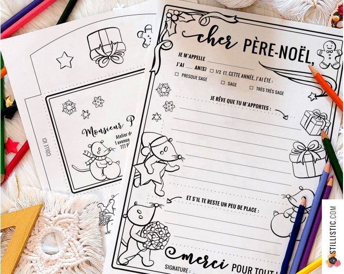 Lettre au Père Noël + enveloppe motif Souris à imprimer et colorier