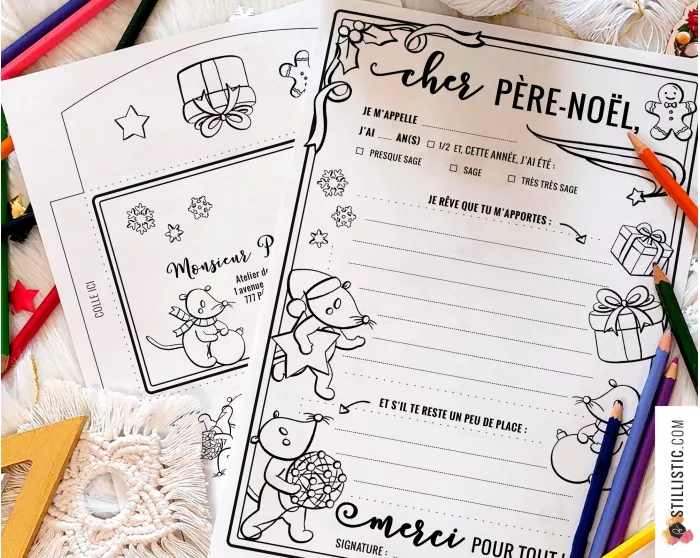 Lettre au Père Noël + enveloppe motif Souris à imprimer et colorier