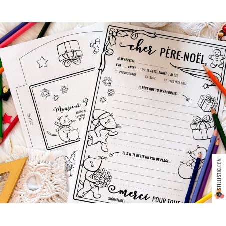 Lettre au Père Noël + enveloppe motif Souris à imprimer et colorier