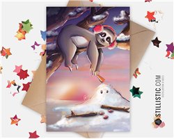 Carte de voeux papier 350g avec Illustration Originale paresseux bonhomme de neige pour Anniversaire Noël Nouvel An