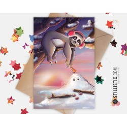 Carte de voeux papier 350g avec Illustration Originale paresseux bonhomme de neige pour Anniversaire Noël Nouvel An