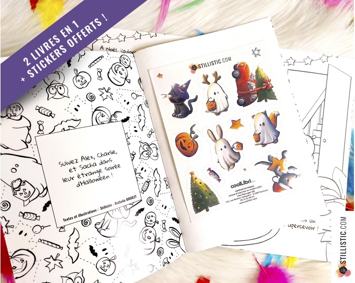 Livre 2 histoires à colorier Noël et Halloween + stickers offerts