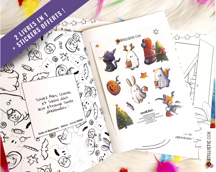 Livre 2 histoires à colorier Noël et Halloween + stickers offerts