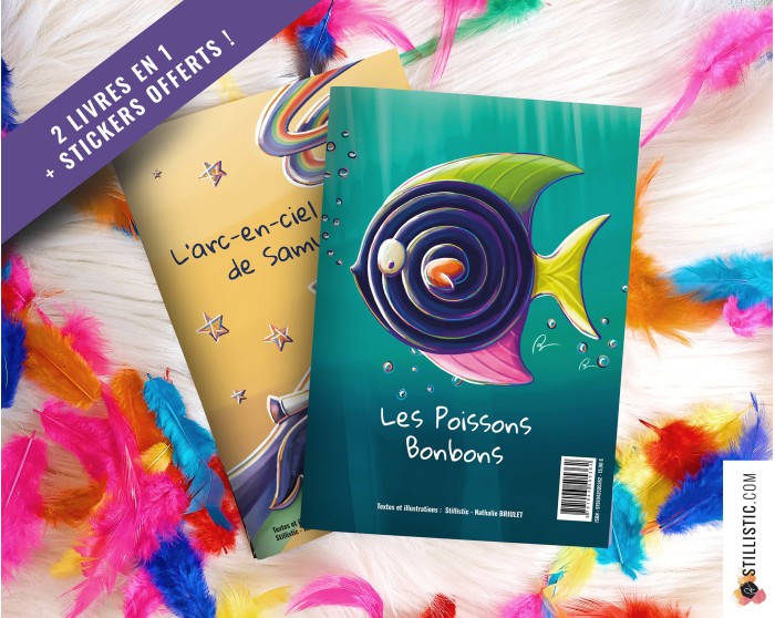 Livre 2 histoires à colorier Licorne et Poissons Bonbons + stickers offerts