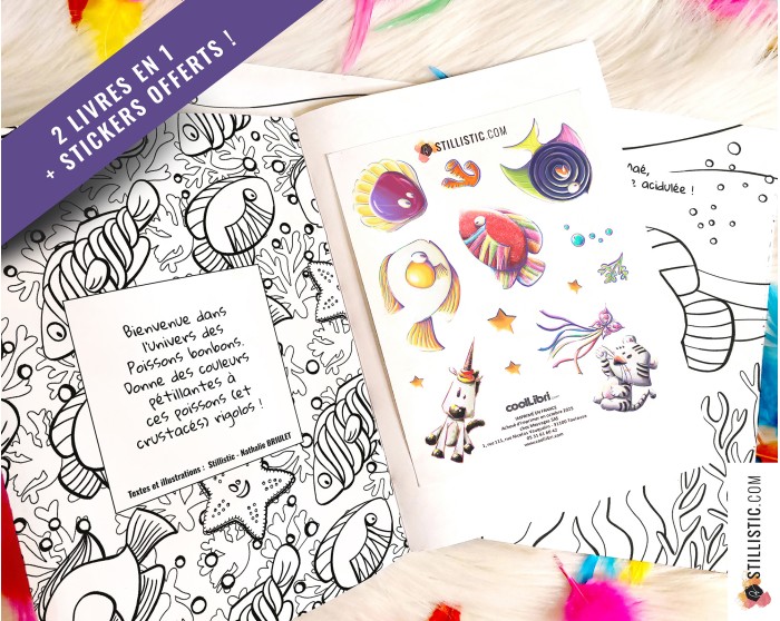 Livre 2 histoires à colorier Licorne et Poissons Bonbons + stickers offerts