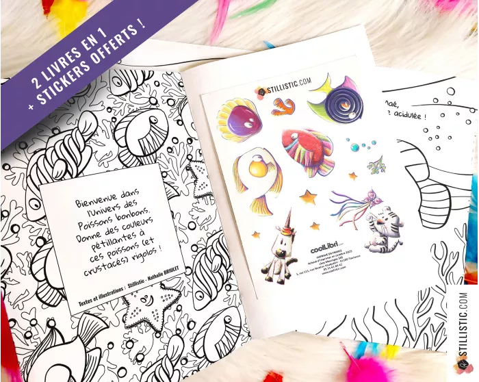Livre 2 histoires à colorier Licorne et Poissons Bonbons + stickers offerts