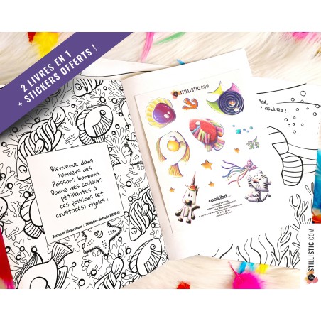 Livre 2 histoires à colorier Licorne et Poissons Bonbons + stickers offerts