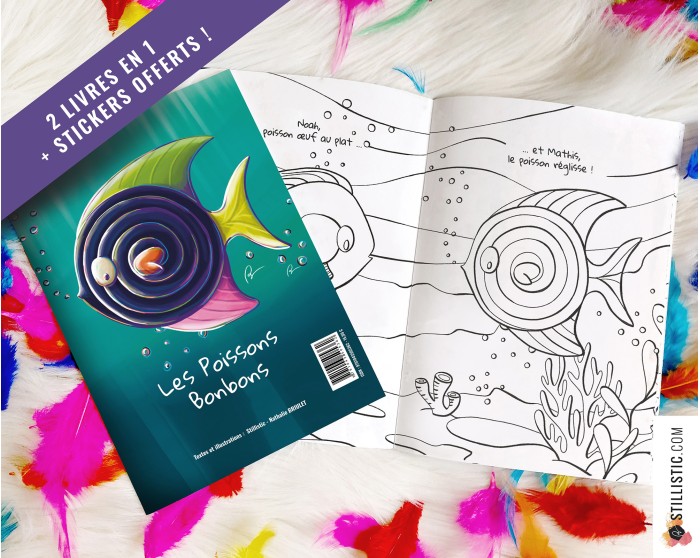 Livre 2 histoires à colorier Licorne et Poissons Bonbons + stickers offerts