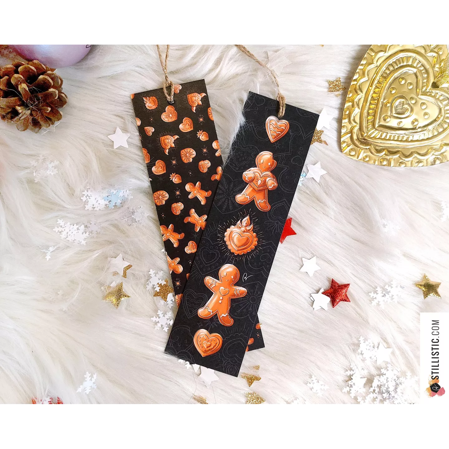 Marque-page Pains d'épices et Coeurs Ex-voto Noël en papier recyclé