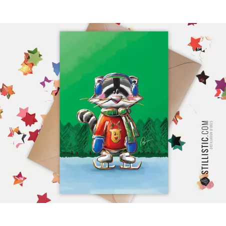 Carte de voeux papier 350g avec Illustration Originale Raton laveur pour Noël Nouvel An