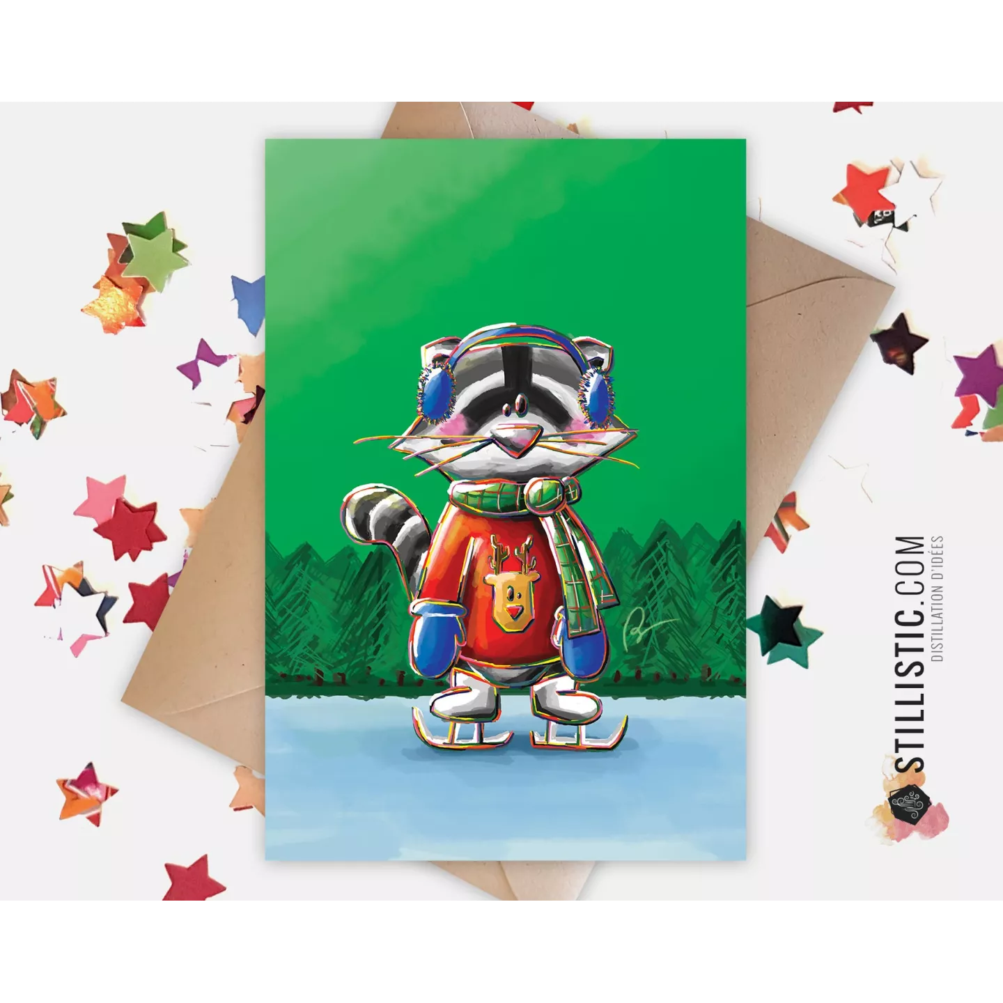 Carte de voeux papier 350g avec Illustration Originale Raton laveur pour Noël Nouvel An