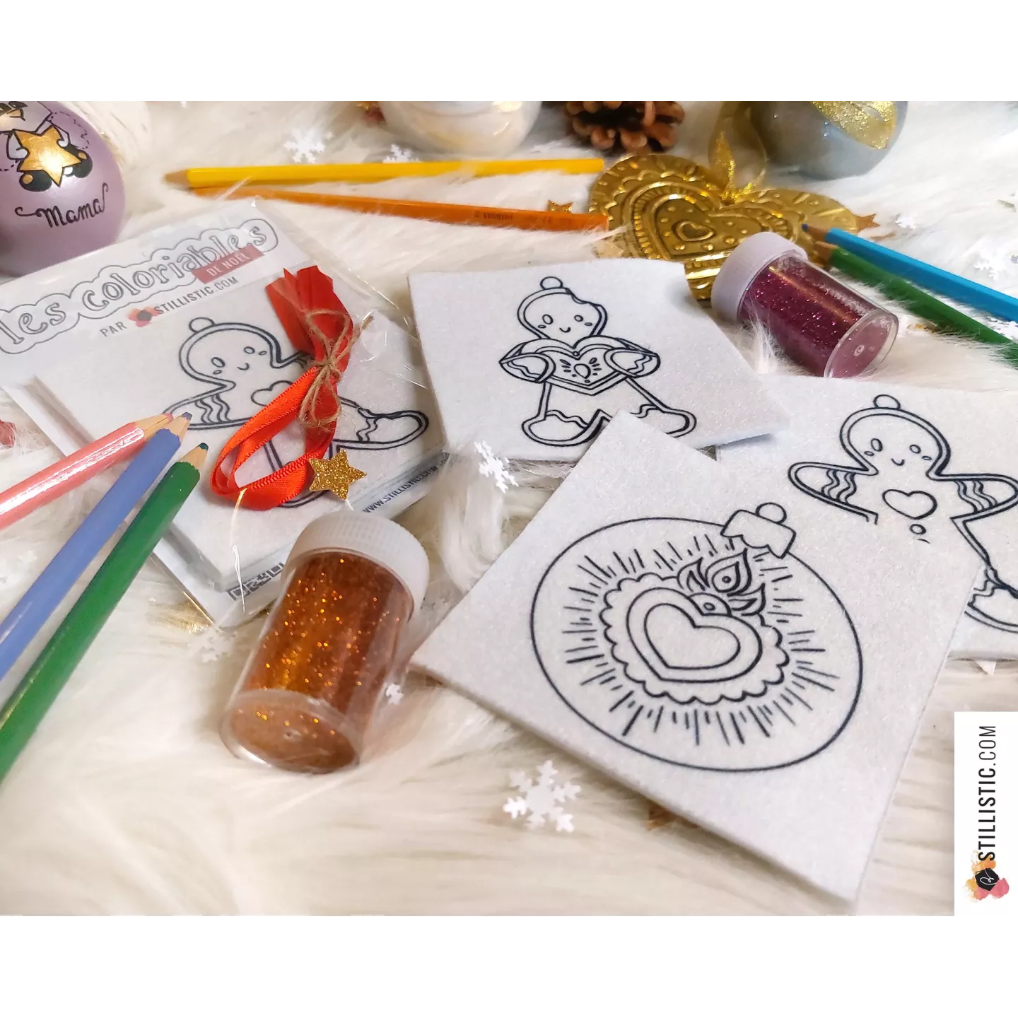 Kit 3 décorations de Noël Coeurs Ex-voto et Pains d'épices à colorier