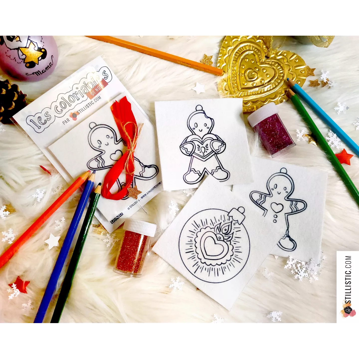 Kit 3 décorations de Noël Coeurs Ex-voto et Pains d'épices à colorier