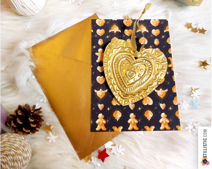 Pack décoration de Noël Coeurs Ex-voto et Pains d'épices + carte de voeux + enveloppe