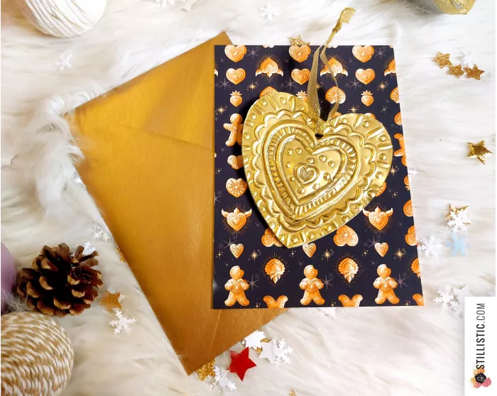 Pack décoration de Noël Coeurs Ex-voto et Pains d'épices + carte de voeux + enveloppe