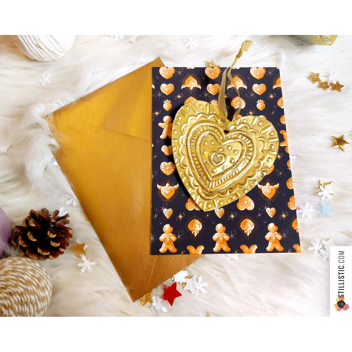 Pack décoration de Noël Coeurs Ex-voto et Pains d'épices + carte de voeux + enveloppe