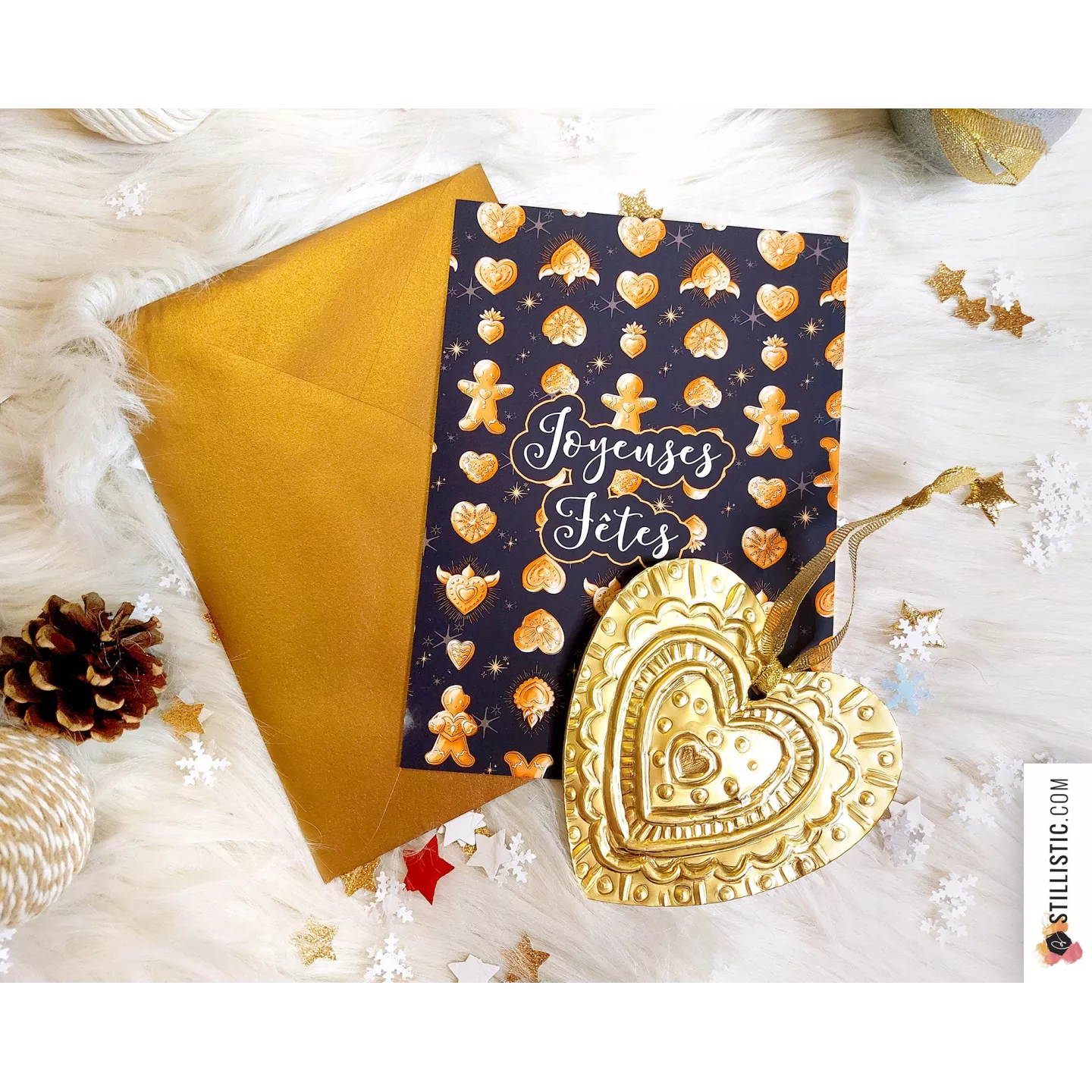 Pack décoration de Noël Coeurs Ex-voto et Pains d'épices + carte de voeux + enveloppe