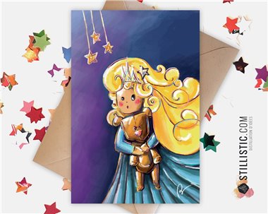 Carte de voeux papier 350g avec Illustration Originale Petite fille et ourson pour Amitié Fête des mères Anniversaire