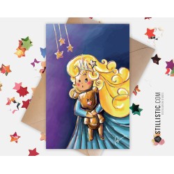 Carte de voeux papier 350g avec Illustration Originale Petite fille et ourson pour Amitié Fête des mères Anniversaire