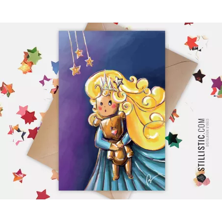 Carte de voeux papier 350g avec Illustration Originale Petite fille et ourson pour Amitié Fête des mères Anniversaire