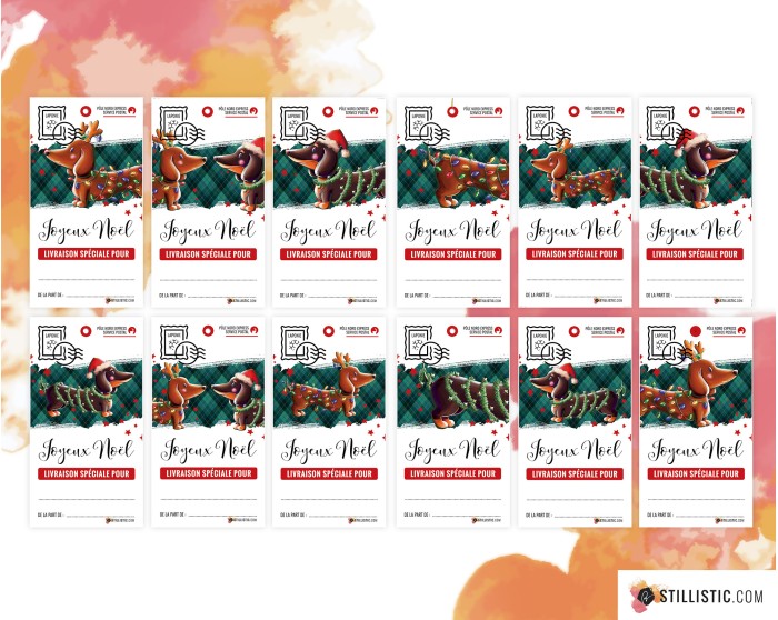 Etiquettes cadeaux Teckels de Noël à imprimer