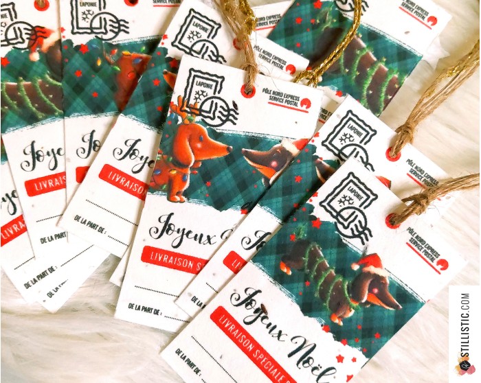 Etiquettes cadeaux teckels de Noël à planter