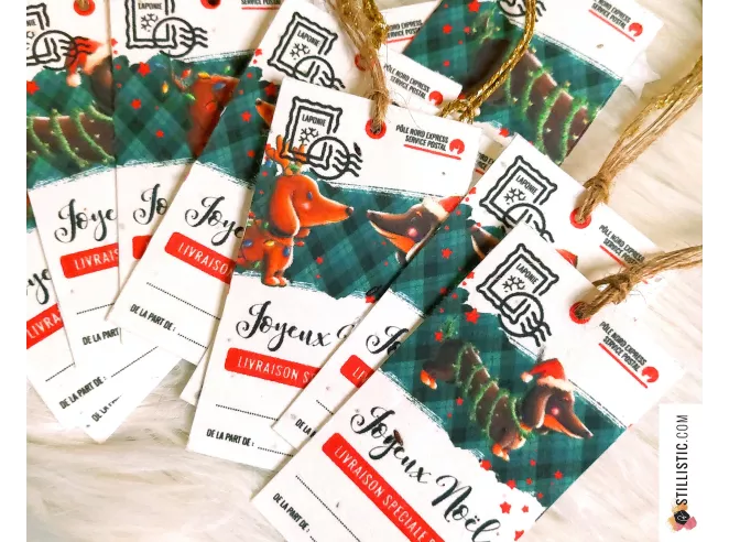 Etiquettes cadeaux teckels de Noël à planter
