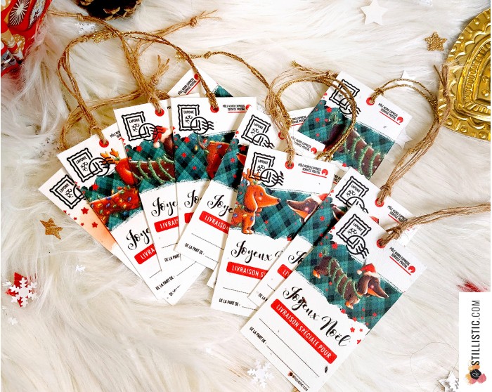 Etiquettes cadeaux teckels de Noël à planter