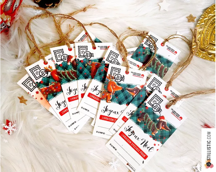 Etiquettes cadeaux teckels de Noël à planter