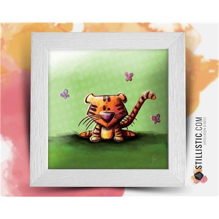 Cadre carré avec Illustration  Tigre et papillons pour Chambre Enfant bébé 25x25cm