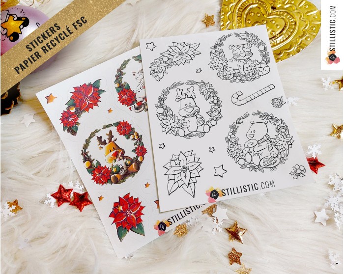 Planche stickers papier couronnes de Noël (ours, panthère, renne)