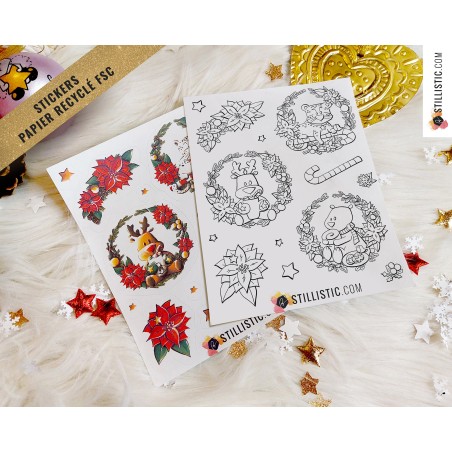 Planche stickers papier couronnes de Noël (ours, panthère, renne)