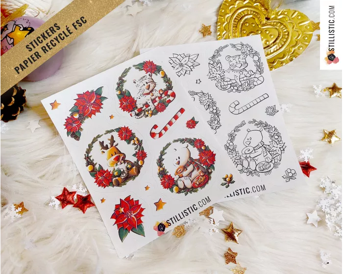 Planche stickers papier couronnes de Noël (ours, panthère, renne)