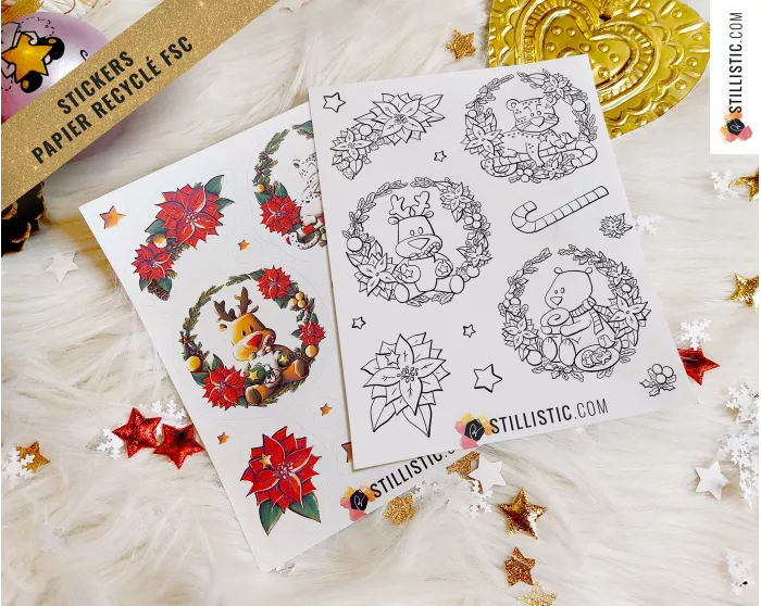 Planche stickers papier coloriables couronnes de Noël (ours, panthère, renne)