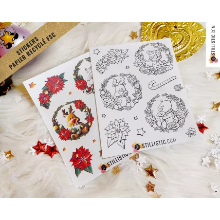 Planche stickers papier coloriables couronnes de Noël (ours, panthère, renne)