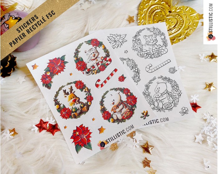 Planche stickers papier coloriables couronnes de Noël (ours, panthère, renne)