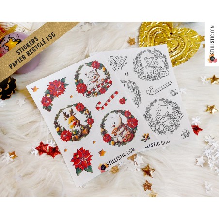 Planche stickers papier coloriables couronnes de Noël (ours, panthère, renne)