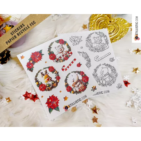 Planche stickers papier coloriables couronnes de Noël (ours, panthère, renne)