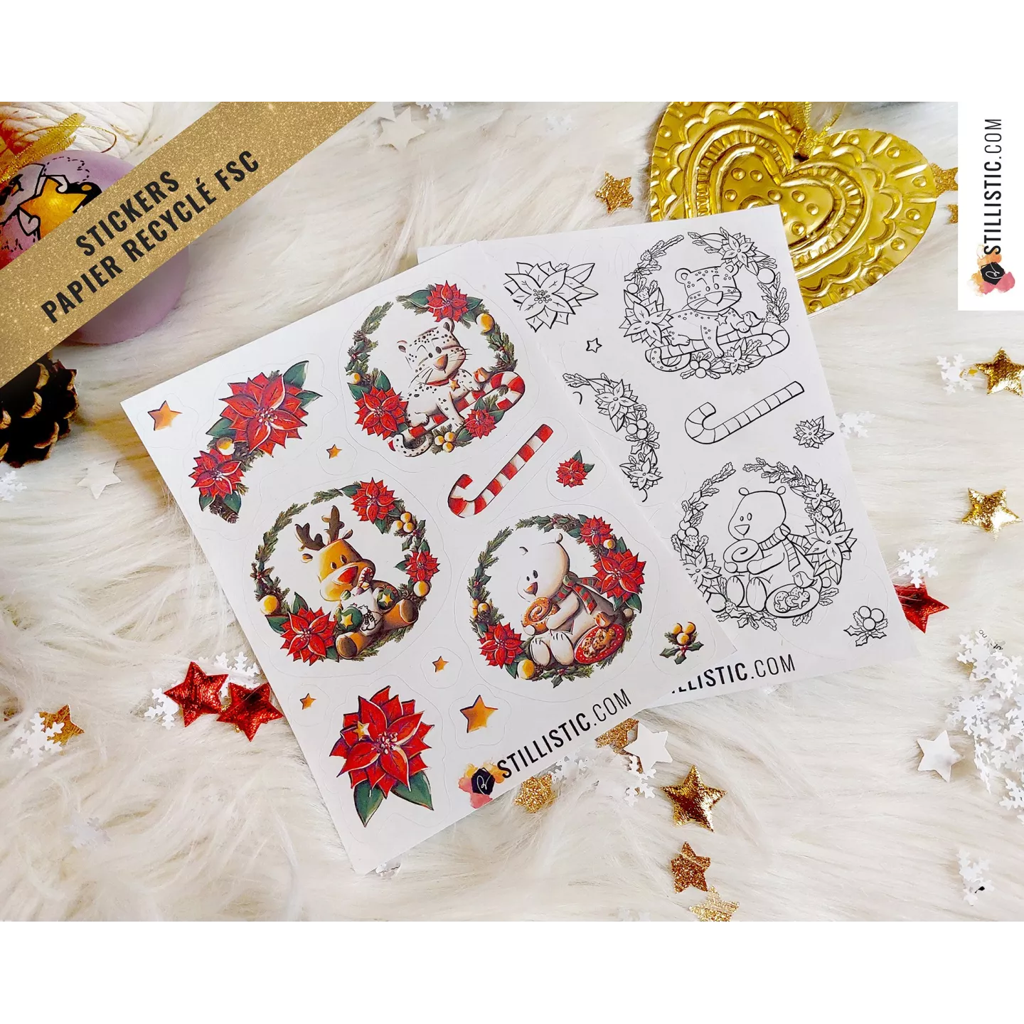 Planche stickers papier coloriables couronnes de Noël (ours, panthère, renne)