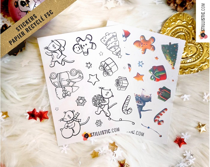 Planche stickers papier coloriables souris Noël