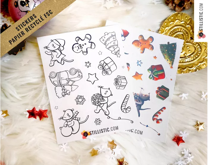 Planche stickers papier coloriables souris Noël